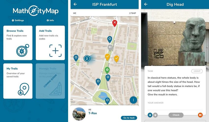 Screenshots der MCM-Map. Sie zeigen einige Stationen und eine Aufgabe; Die Berechnung der Höhe einer Statue.