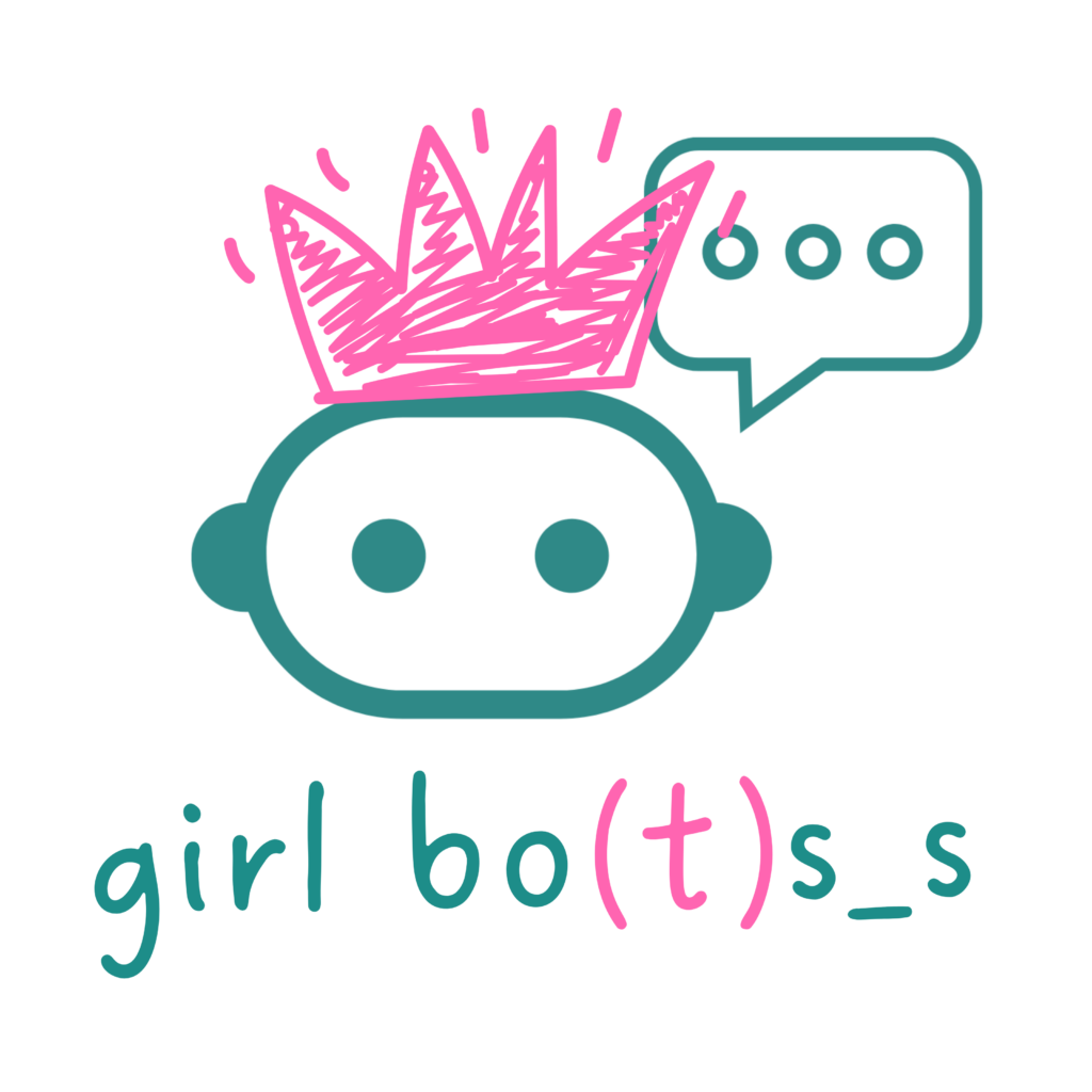 Logo girlbo(t)s_s: Ein grüner Roboter mit pinker Krone.