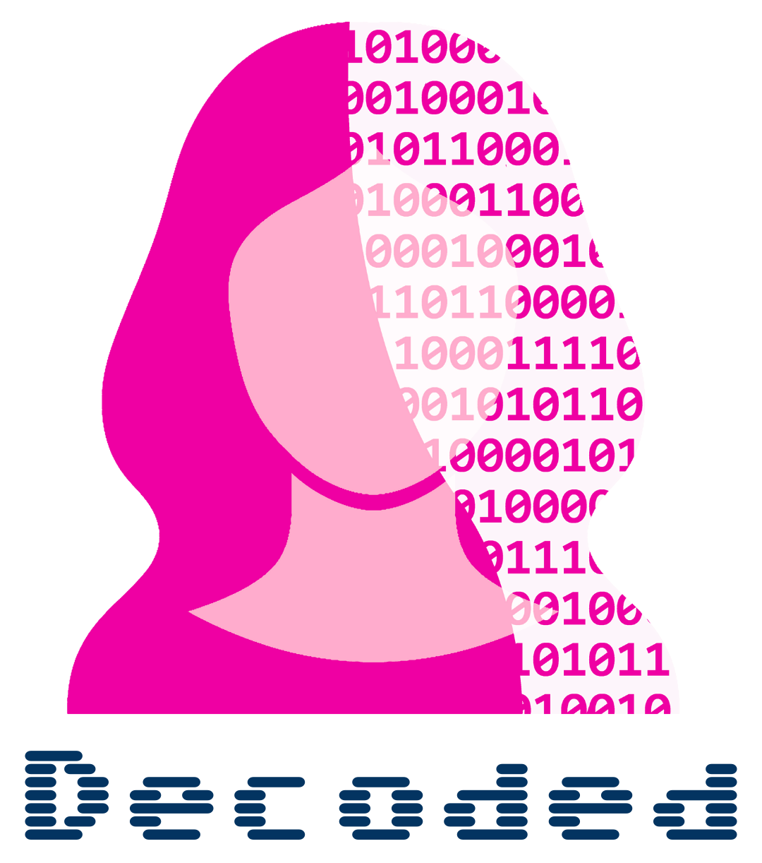 Logo decoded: Eine pinke, weibliche Silhouette, die sich in Binärzahlen auflöst.